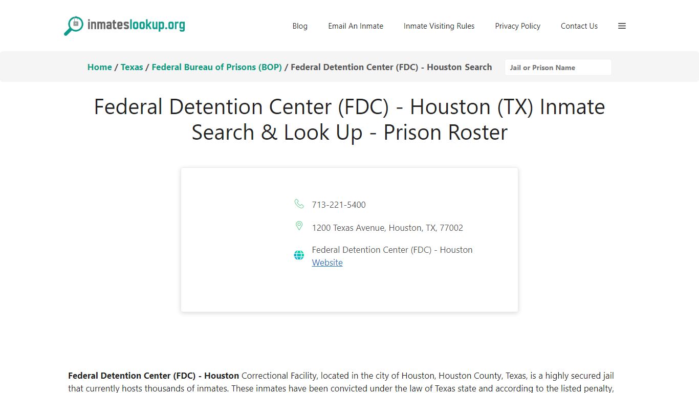 Federal Detention Center (FDC) - Houston (TX) Inmate Search & Look Up ...